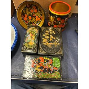 LOT OF 5 HAND PAINTED PALEKH RUSSIAN LACQUER BOXES And Bowls